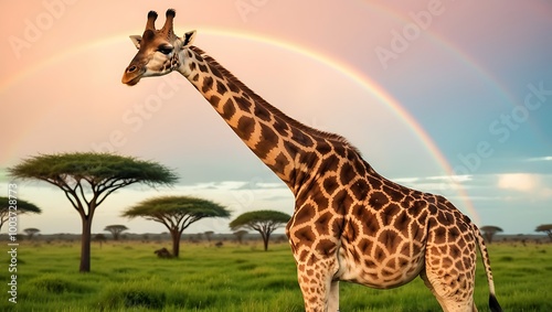 Giraffe with a Rainbow in the Background captures a stunning moment in nature, featuring a graceful giraffe standing majestically in the savannah after a refreshing rain shower. photo