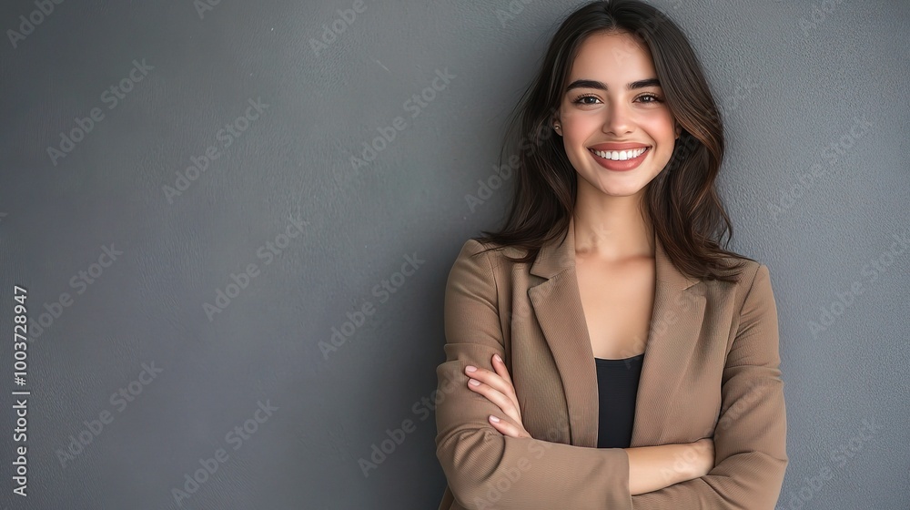 Confident Woman Standing Against Gray Wall Confident Woman Standing Against Gray Wall