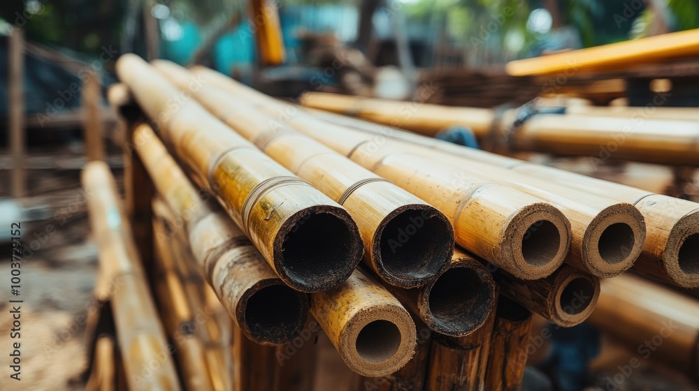 A close-up of eco-friendly construction materials like bamboo, reclaimed wood A close-up of eco-friendly construction materials like bamboo, reclaimed wood