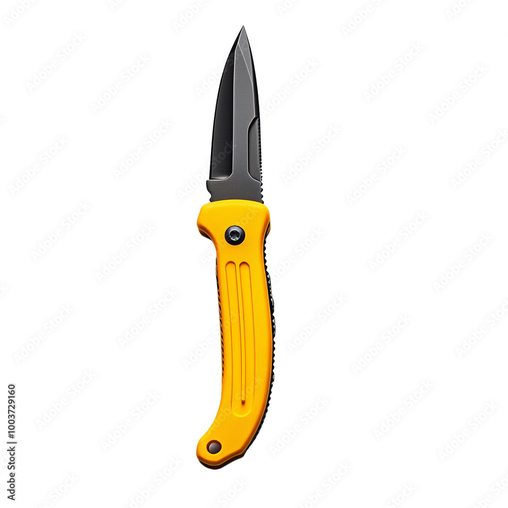 Folding knife with a black blade and yellow handle, white isolated background. Folding knife with a black blade and yellow handle, white isolated background.