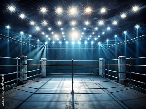 Illuminated boxing ring surrounded by ropes stands alone in a dimly lit arena, flooded by intense spotlights, setting the stage for an intense nighttime battle.