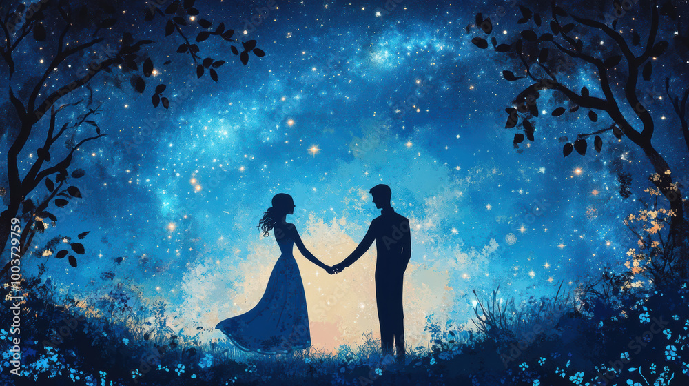 Obraz premium couple holding hands under starry sky symbolizes love and connection in magical setting. enchanting blue hues create romantic atmosphere