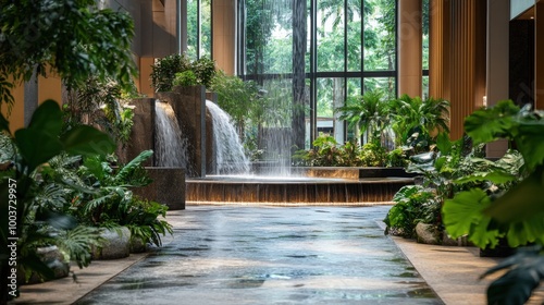 Wallpaper Mural A dynamic shot of a biophilic hotel lobby with cascading indoor plants Torontodigital.ca