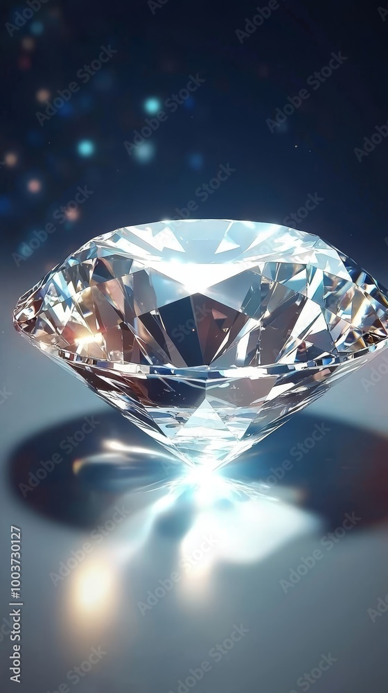 A tight shot of a diamond atop a mirrored surface, illuminated by a radiant light sourced from the diamond's heart A tight shot of a diamond atop a mirrored surface, illuminated by a radiant light sourced from the diamond's heart