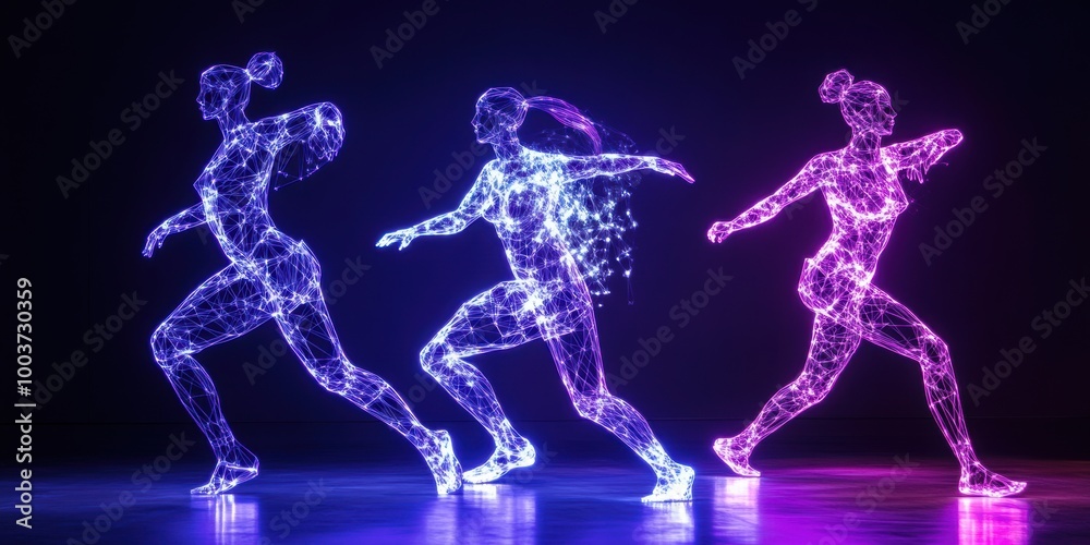 three people running in a line of neon lights three people running in a line of neon lights