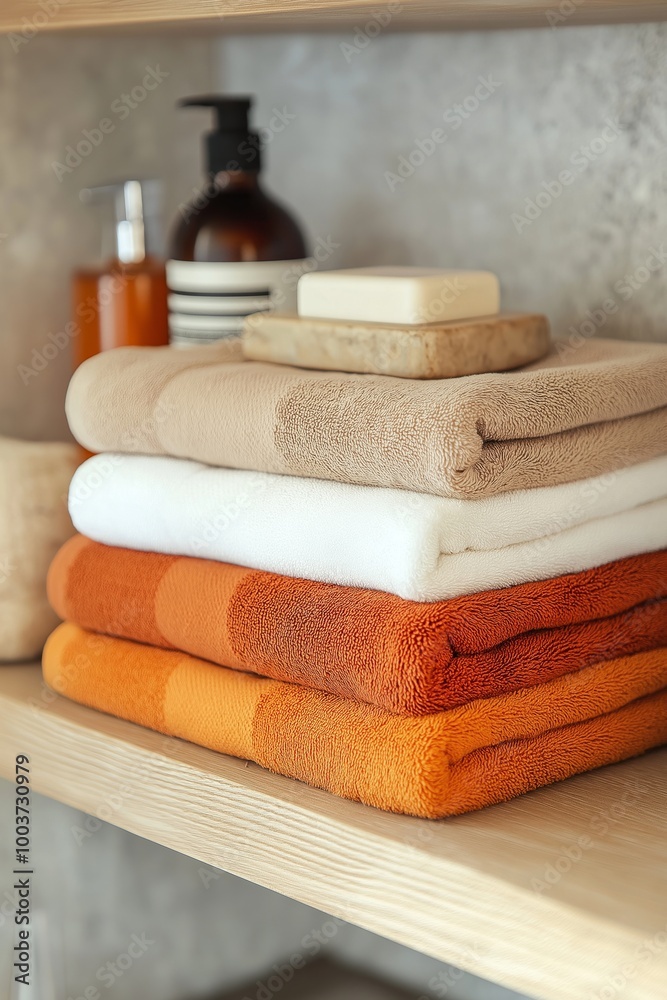 Neatly folded towels in orange and beige tones with soap and toiletries on a bathroom shelf Neatly folded towels in orange and beige tones with soap and toiletries on a bathroom shelf