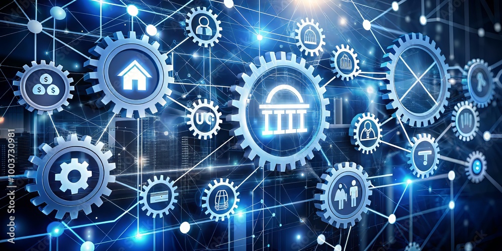 Network of connected gears and circuits with financial icons and symbols, illustrating seamless integration of banking and finance application programming interfaces. Network of connected gears and circuits with financial icons and symbols, illustrating seamless integration of banking and finance application programming interfaces.