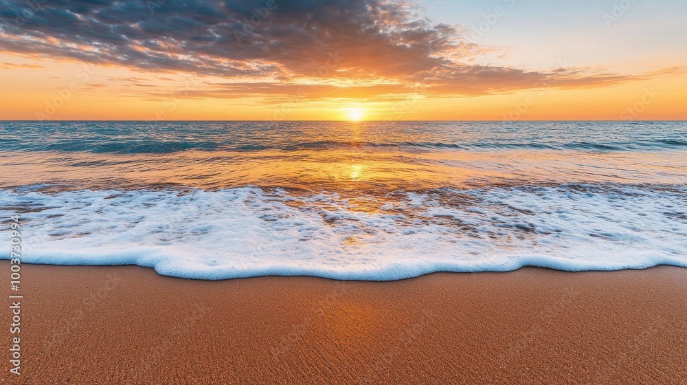 The ocean is calm and the sun is setting, creating a beautiful The ocean is calm and the sun is setting, creating a beautiful