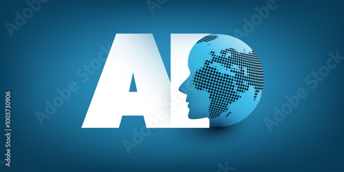 Blue Modern Style Machine Learning, Artificial Intelligence, Cloud Computing and Global Networks Concept Banner, Typography Design with Earth Globe, Robot Face Profile and Big Bold AI Letters, Label