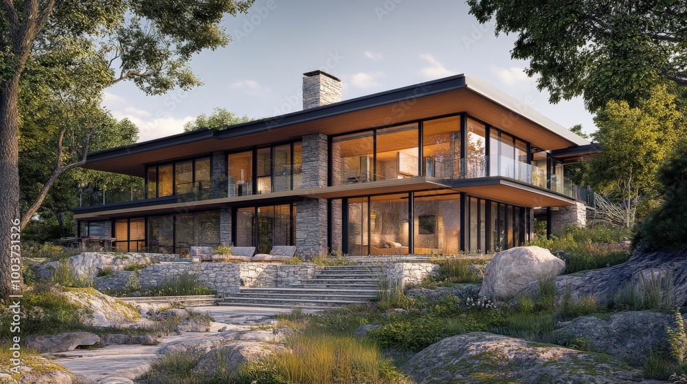 A rendering of an eco-friendly home designed to blend seamlessly with its natural surroundings A rendering of an eco-friendly home designed to blend seamlessly with its natural surroundings