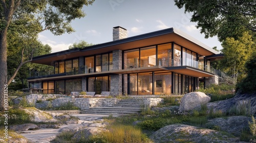 A rendering of an eco-friendly home designed to blend seamlessly with its natural surroundings