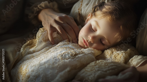 parent gently places blanket over sleeping child, creating serene and tender moment. soft light enhances peaceful atmosphere, evoking warmth and love photo