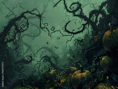 Eerie pumpkin patch, twisted vines, spooky atmosphere, dark sky, Halloween colors, mysterious and haunting scene.