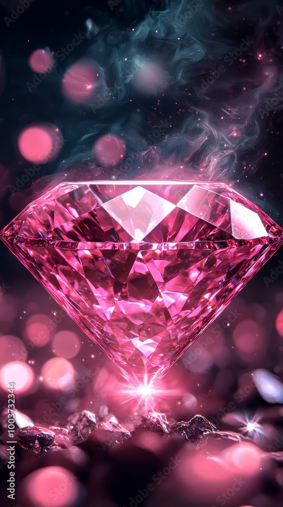 Fototapeta premium A pink diamond rests atop a table, nearby are piles of rocks and stones