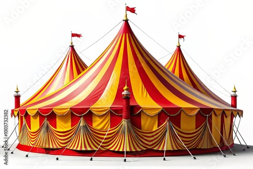 Vibrant red and yellow stripes of a majestic circus tent stand alone on a pure white background, awaiting the thrill of the big top show.