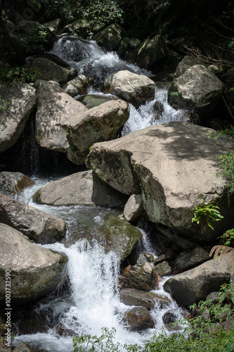 river go through many giant rocks like small waterfall, hidden in the forest, in Manyueyuan forest recreation area, New Taipei City, Taiwan. photo