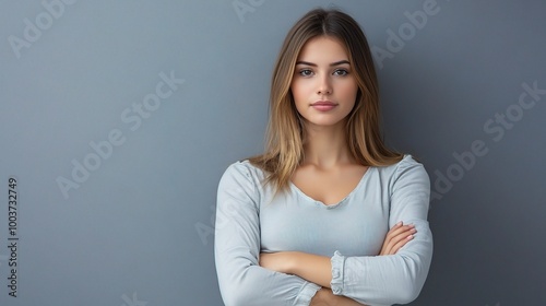 Confident Woman with Arms Crossed Against Gray Background