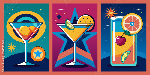 Three illustrations of cocktails in colorful styles