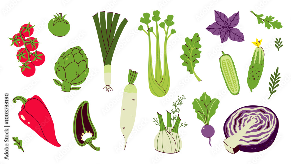 Set of different vegetables isolate on white background. Vector graphics. Set of different vegetables isolate on white background. Vector graphics.