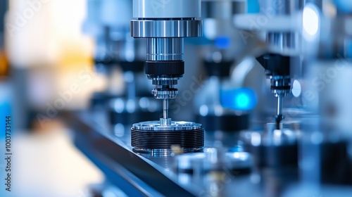 Precision machinery engaged in testing and inspection under bright laboratory lights during a scientific research process