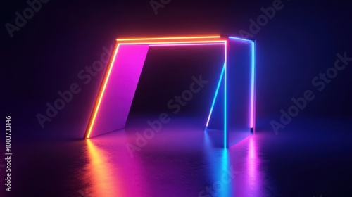 3D glow effect of a glowing, geometric shape with vibrant neon colors and smooth, reflective