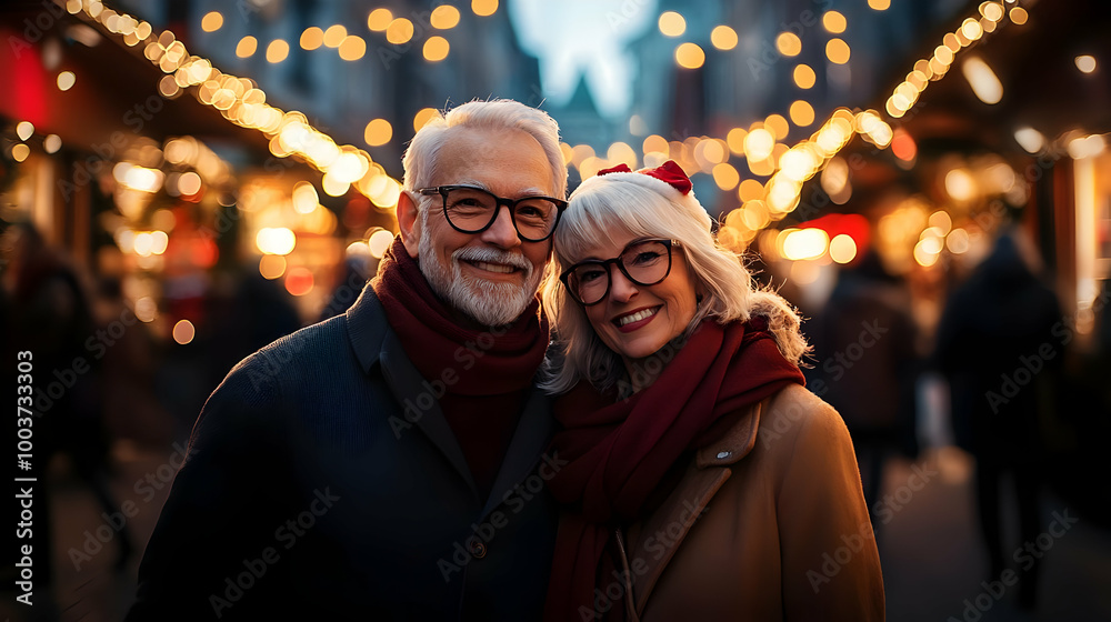 Obraz premium Smiling Couple Enjoying Festive Lights at a Holiday Market