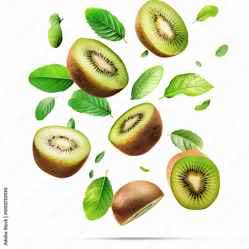 Fototapeta premium Kiwi with half slices falling, on white background