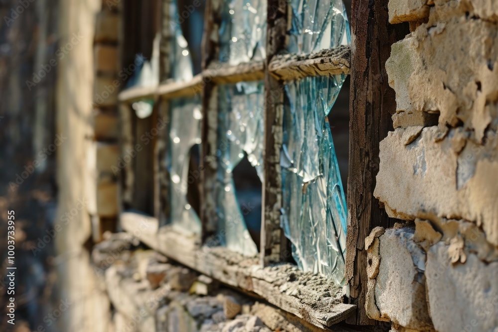 Abandoned House: Close-up of Broken Window with Old, Dirty Glass Abandoned House: Close-up of Broken Window with Old, Dirty Glass