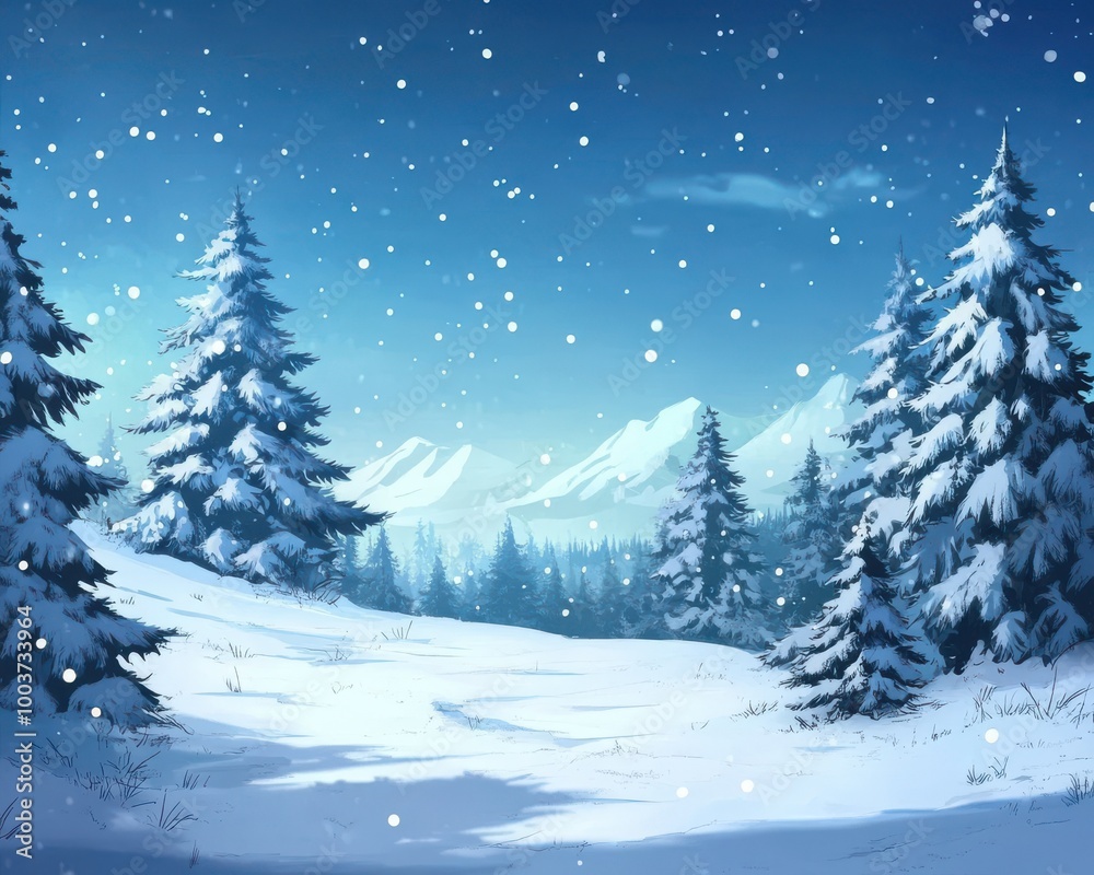 An illustration of a winter forest with fir trees covered with snow. Mountains are visible in the background, and snowflakes are falling across the sky. An illustration of a winter forest with fir trees covered with snow. Mountains are visible in the background, and snowflakes are falling across the sky.
