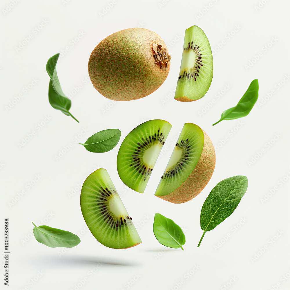 Fototapeta premium Kiwi with half slices falling, on white background