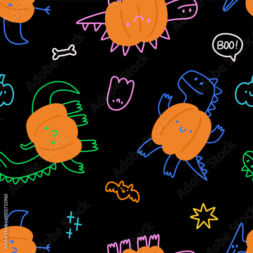 Cute cartoon dino in doodle style. Halloween Dinosaur - Playful vector seamless pattern