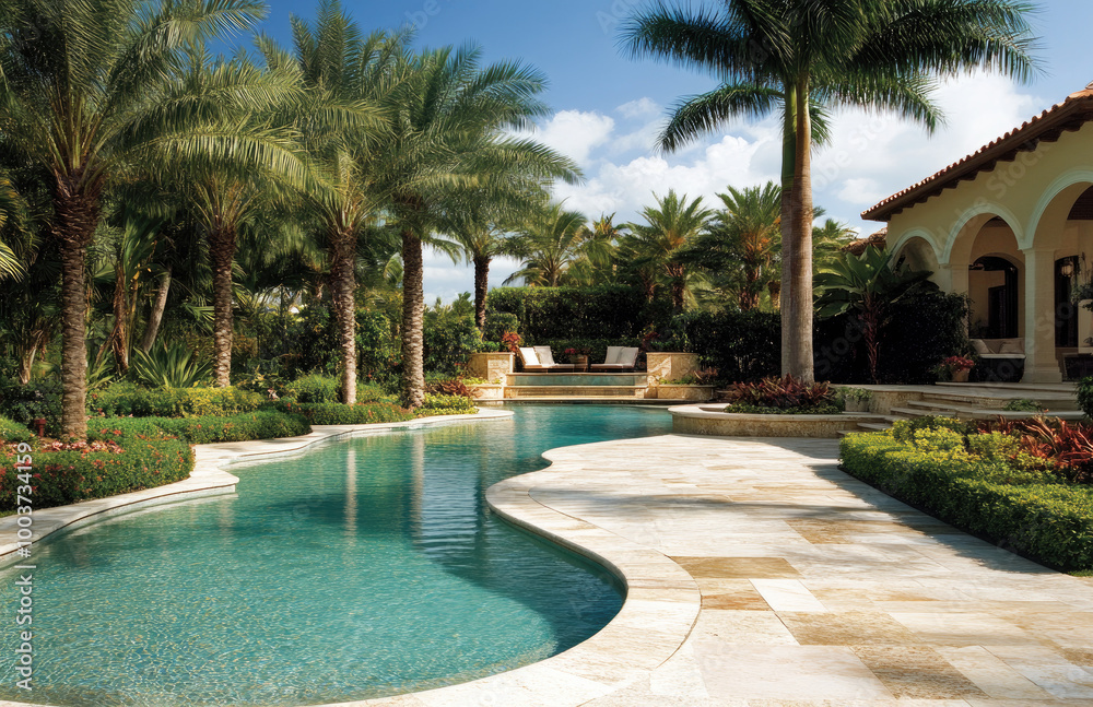 the backyard with a pool and patio area in front, a large house, palm trees, a tropical garden, beige stone pavers, outdoor seating