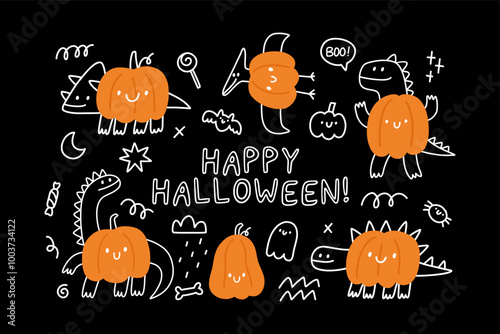 Cute cartoon dino in doodle style. Halloween Dinosaur - Playful vector set