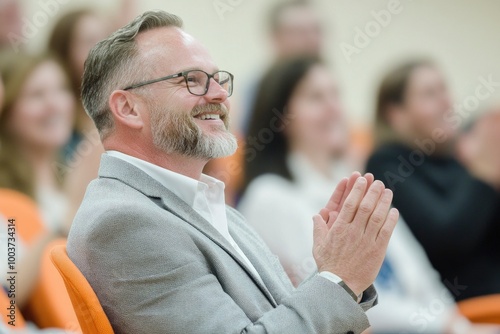 A man in a gray suit and glasses is smiling and clapping his hands in a classroom setting photo