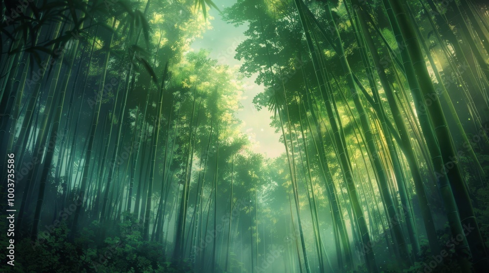 Naklejka premium Serene Bamboo Forest with Soft Sunlight Filtering Through