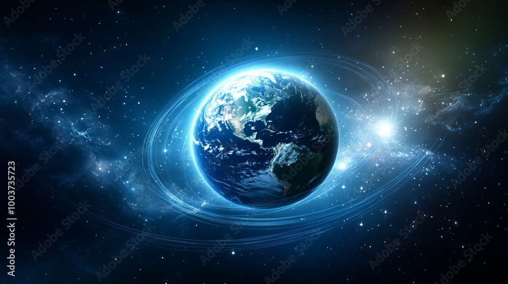 Fototapeta premium A dark blue vector background features a striking depiction of Planet Earth at the center, surrounded by abstract technological rings.