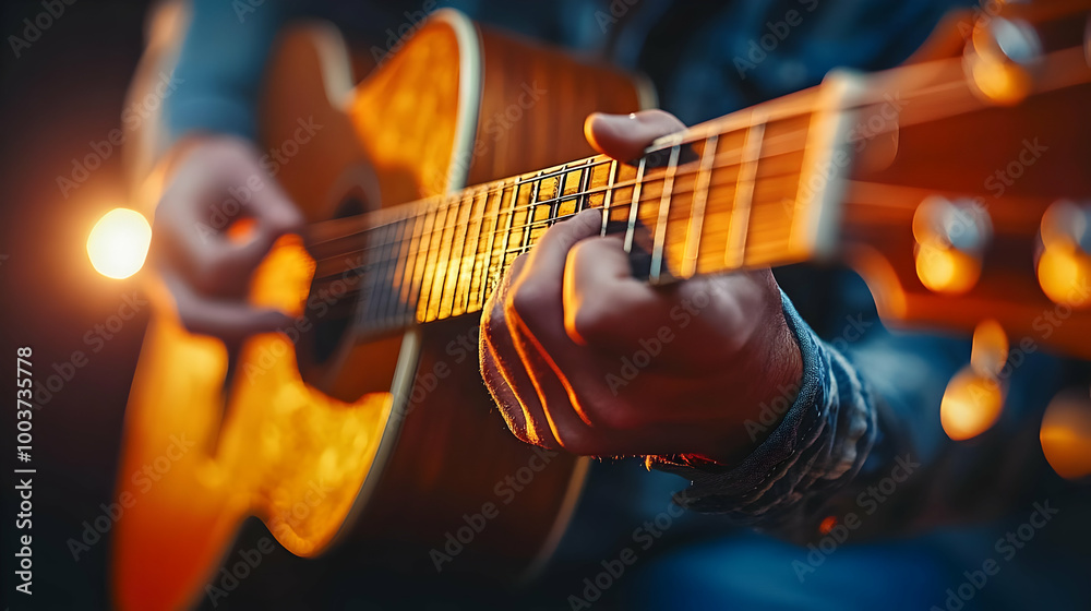 Fototapeta premium Close-up View of a Person's Hand Playing an Acoustic Guitar with a Warm, Golden Light