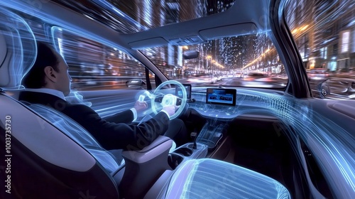 Interno di un'auto futuristica con tecnologia avanzata, rete digitale e design virtuale. Guida autonoma nella città notturna, dove innovazione e velocità si fondono.
 photo