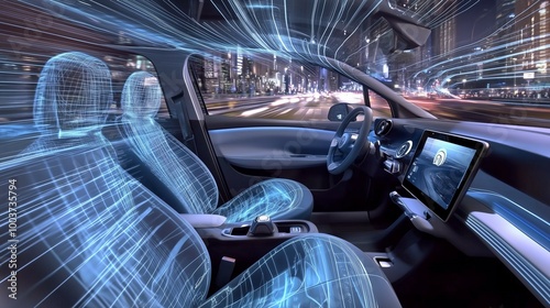 Interno di un'auto futuristica con tecnologia avanzata, rete digitale e design virtuale. Guida autonoma nella città notturna, dove innovazione e velocità si fondono.
 photo