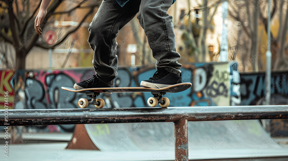 Skateboarder performing a trick on a rail in a city skate park with graffiti. Skateboarder performing a trick on a rail in a city skate park with graffiti.