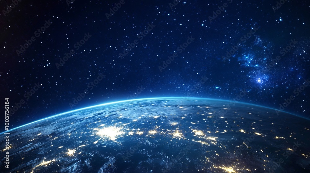 Obraz premium A breathtaking view of planet Earth from space reveals the vibrant glow of cities and regions illuminated by lights during the night.