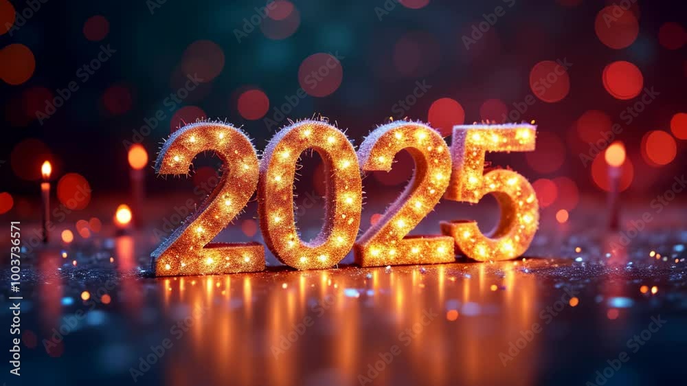 Numbers 2025 on golden bokeh background. Animated New Year card, animated New Year background Numbers 2025 on golden bokeh background. Animated New Year card, animated New Year background
