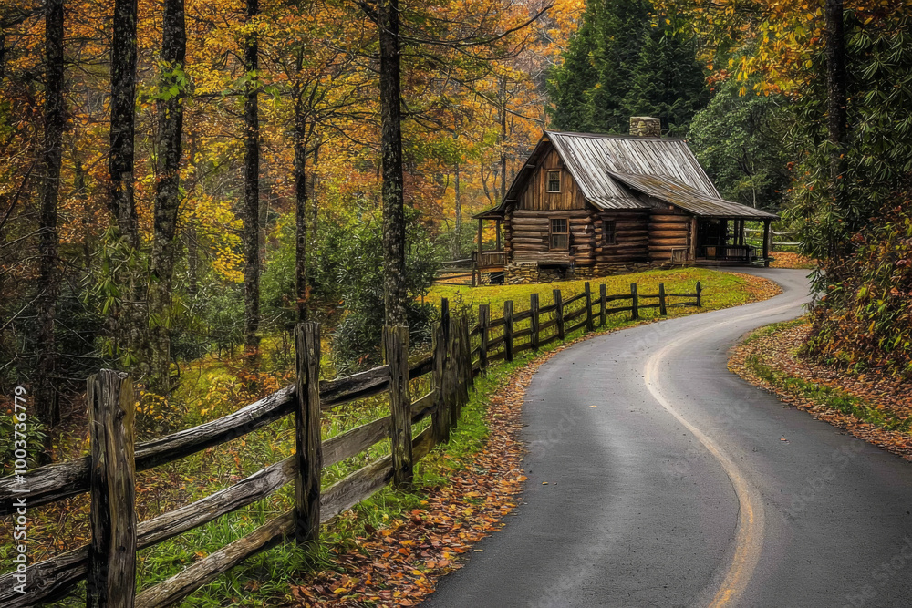 A serene log cabin nestled in a vibrant autumn forest, with a winding road leading through colorful foliage. A serene log cabin nestled in a vibrant autumn forest, with a winding road leading through colorful foliage.