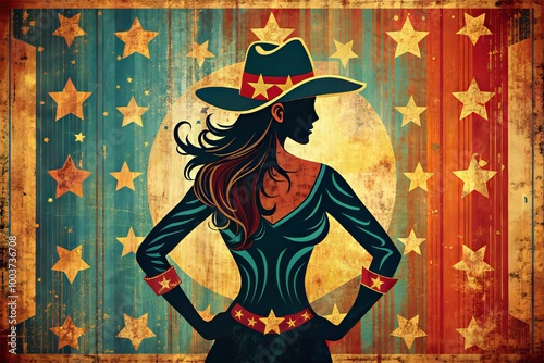 A bold, colorful illustration of a confident cowgirl's iconic silhouette, adorned with intricate details, set against a distressed, vintage-inspired Wild West background. photo