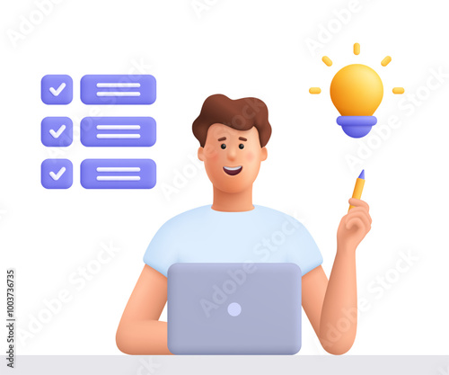 Man working on the laptop computer and holding pencil and pointing to bulb, working on the task. Creativity, planning, work project and business idea. 3d vector people character. Cartoon minimal style