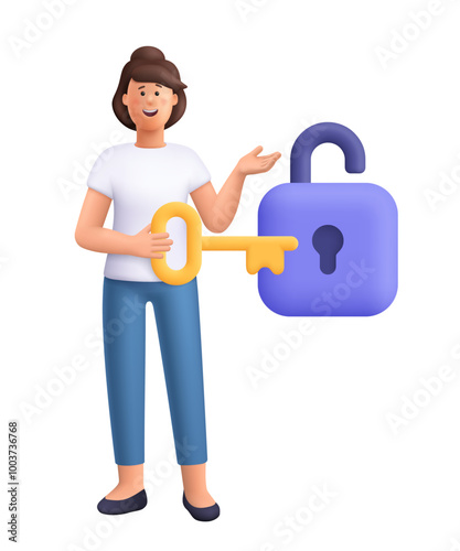 Young smiling woman holding golden key to unlock padlock. Unlock business accessibility, success, solutions. Security, safety, protection concept. 3d vector people character. Cartoon minimal style.
