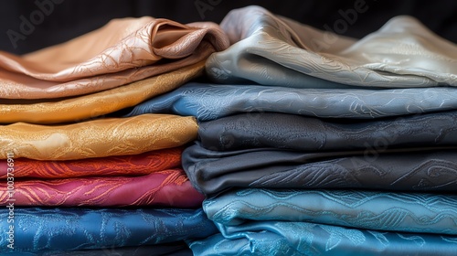 Colorful fabric stacks in various textures and tones, close-up view photo