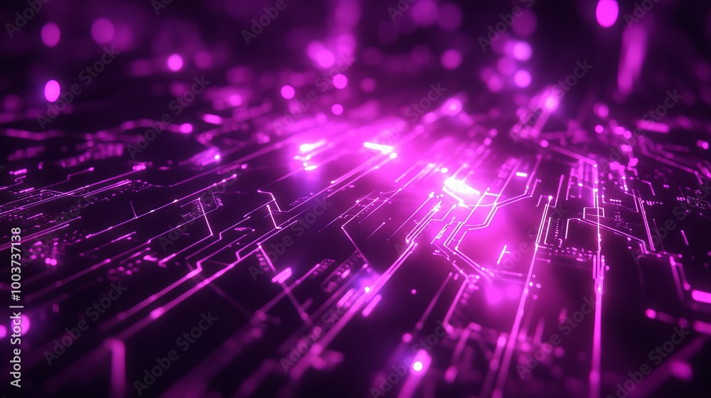 Fototapeta premium Purple neon light streaks radiate from the center against a dark background, creating a dynamic and futuristic atmosphere.