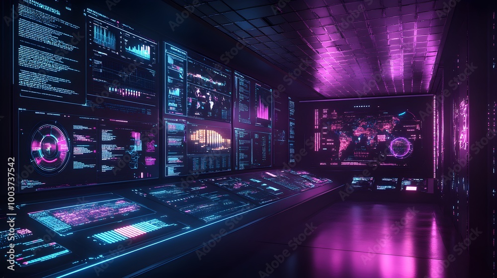 Control center with multiple digital screens, AI data streams on food production, minimalist dark background, glowing holograms, vibrant cyan and purple tones Control center with multiple digital screens, AI data streams on food production, minimalist dark background, glowing holograms, vibrant cyan and purple tones