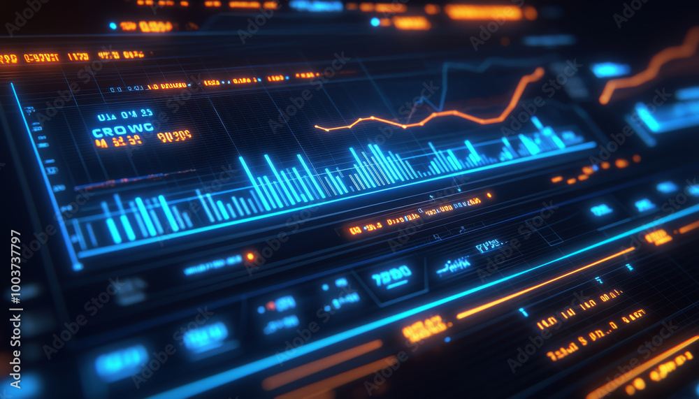 A digital interface displaying financial data with graphs and metrics in a futuristic design. A digital interface displaying financial data with graphs and metrics in a futuristic design.